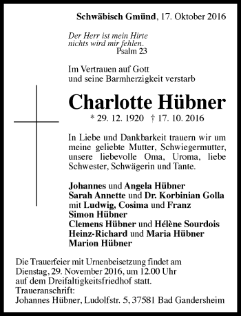 Traueranzeige von Charlotte Hübner von Gmünder Tagespost