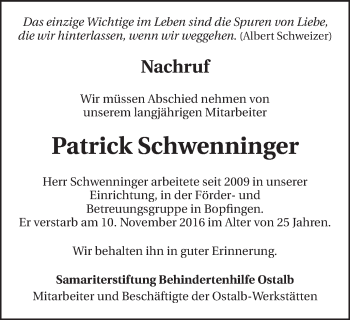 Traueranzeige von Patrick Schwenninger von Schwäbische Post