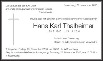 Traueranzeige von Hans Karl Thalheimer von Schwäbische Post