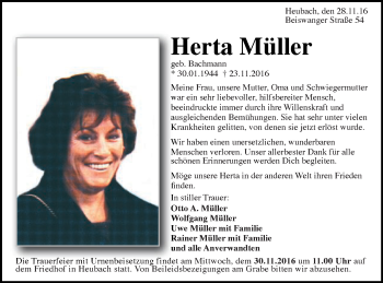 Traueranzeige von Herta Müller von Gmünder Tagespost