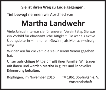 Traueranzeige von Martha Landwehr von Schwäbische Post