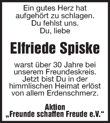 Traueranzeige von Elfriede Spiske von Schwäbische Post