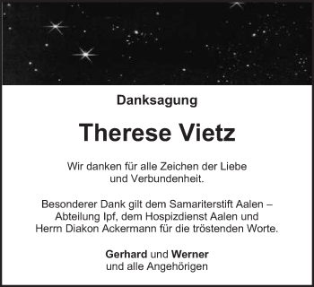 Traueranzeige von Therese Vietz von Schwäbische Post