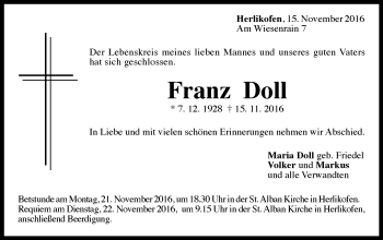 Traueranzeige von Franz Doll von Gmünder Tagespost