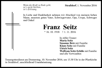Traueranzeige von Franz Seitz von Gmünder Tagespost