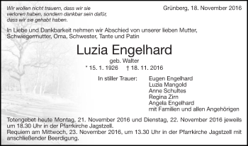 Traueranzeige von Luzia Engelhard von Schwäbische Post