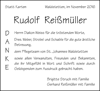 Traueranzeige von Rudolf Reißmüller von Gmünder Tagespost
