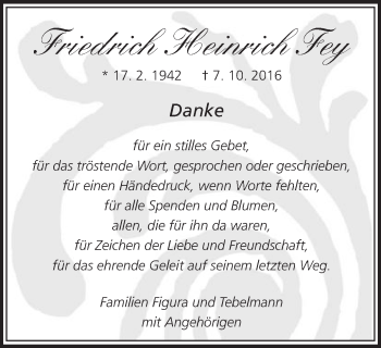 Traueranzeige von Friedrich Heinrich Fey von Amtsblatt_Oko