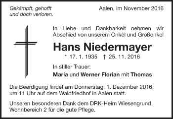 Traueranzeige von Hans Niedermayer von Schwäbische Post