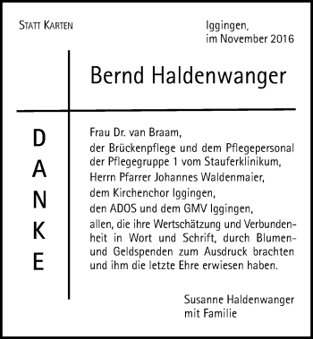 Traueranzeige von Bernd Haldenwanger von Gmünder Tagespost
