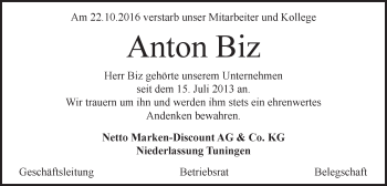 Traueranzeige von Anton Biz von Gmünder Tagespost