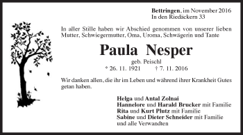 Traueranzeige von Paula Nesper von Gmünder Tagespost