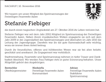 Traueranzeige von Stefanie Fiebiger von Schwäbische Post