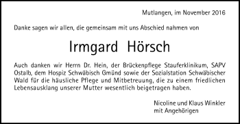 Traueranzeige von Irmgard Hörsch von Gmünder Tagespost