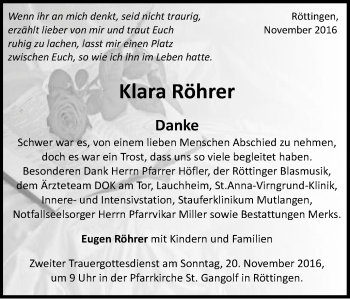 Traueranzeige von Klara Röhrer von Schwäbische Post