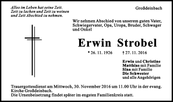 Traueranzeige von Erwin Strobel von Gmünder Tagespost