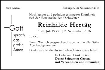 Traueranzeige von Reinhilde Hertäg von Gmünder Tagespost