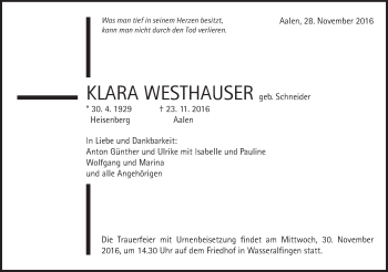Traueranzeige von Klara Westhauser von Schwäbische Post