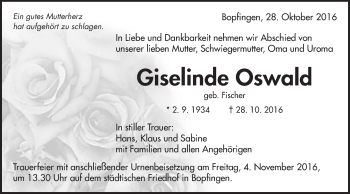 Traueranzeige von Giselinde Oswald von Schwäbische Post