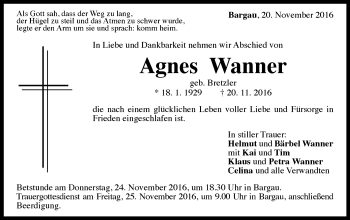 Traueranzeige von Agnes Wanner von Gmünder Tagespost