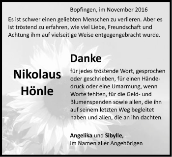 Traueranzeige von Nikolaus Hönle von Schwäbische Post