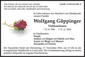 Traueranzeige von Wolfgang Göppinger von Gmünder Tagespost