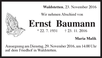 Traueranzeige von Ernst Baumann von Gmünder Tagespost