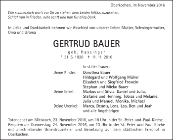 Traueranzeige von Gertrud Bauer von Schwäbische Post