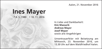 Traueranzeige von Ines Mayer von Schwäbische Post