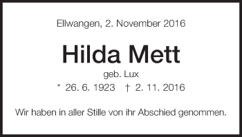 Traueranzeige von Hilda Mett von Schwäbische Post