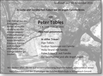 Traueranzeige von Peter Tobies von Gmünder Tagespost