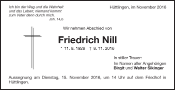 Traueranzeige von Friedrich Nill von Schwäbische Post
