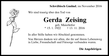 Traueranzeige von Gerda Zeising von Gmünder Tagespost