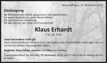Traueranzeige von Klaus Erhardt von Schwäbische Post