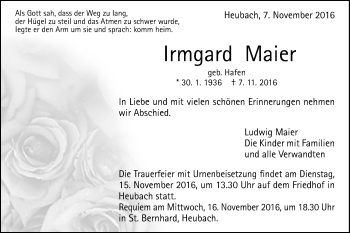 Traueranzeige von Irmgard Maier von Gmünder Tagespost
