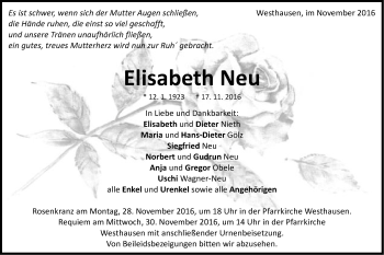 Traueranzeige von Elisabeth Neu von Schwäbische Post