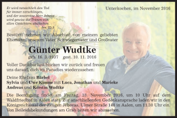 Traueranzeige von Günter Wudtke von Schwäbische Post