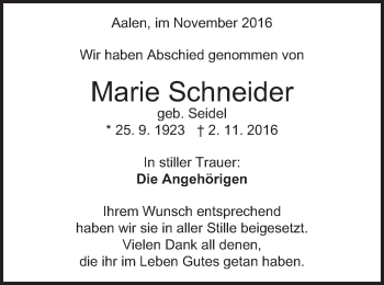 Traueranzeige von Marie Schneider von Schwäbische Post