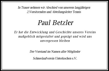 Traueranzeige von Paul Betzler von Schwäbische Post