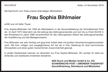 Traueranzeige von Sophia Bihlmaier von Schwäbische Post