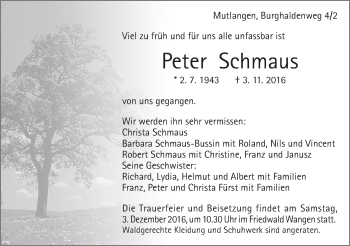 Traueranzeige von Peter Schmaus von Gmünder Tagespost