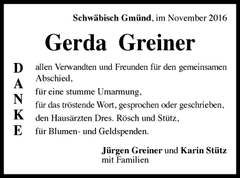 Traueranzeige von Gerda Greiner von Gmünder Tagespost
