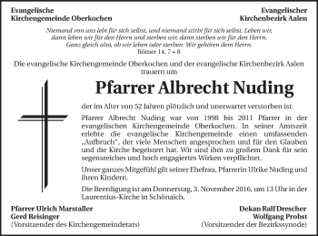 Traueranzeige von Albrecht Nuding von Schwäbische Post