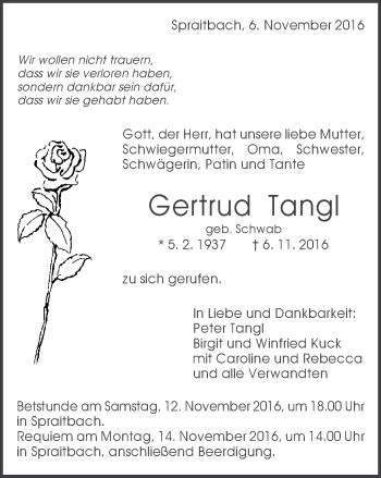 Traueranzeige von Gertrud Tangl von Gmünder Tagespost