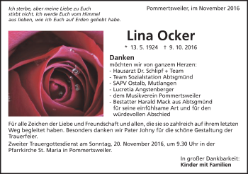 Traueranzeige von Lina Ocker von Schwäbische Post