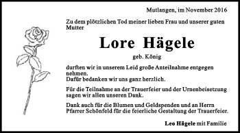 Traueranzeige von Lore Hägele von Gmünder Tagespost