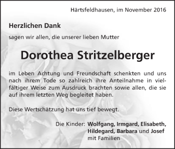 Traueranzeige von Dorothea Stritzelberger von Bopfinger Stadtanzeiger