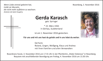 Traueranzeige von Gerda Karasch von Schwäbische Post