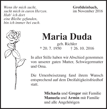 Traueranzeige von Maria Duda von Gmünder Tagespost