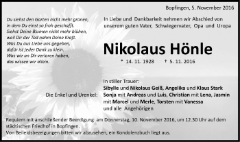 Traueranzeige von Nikolaus Hönle von Schwäbische Post